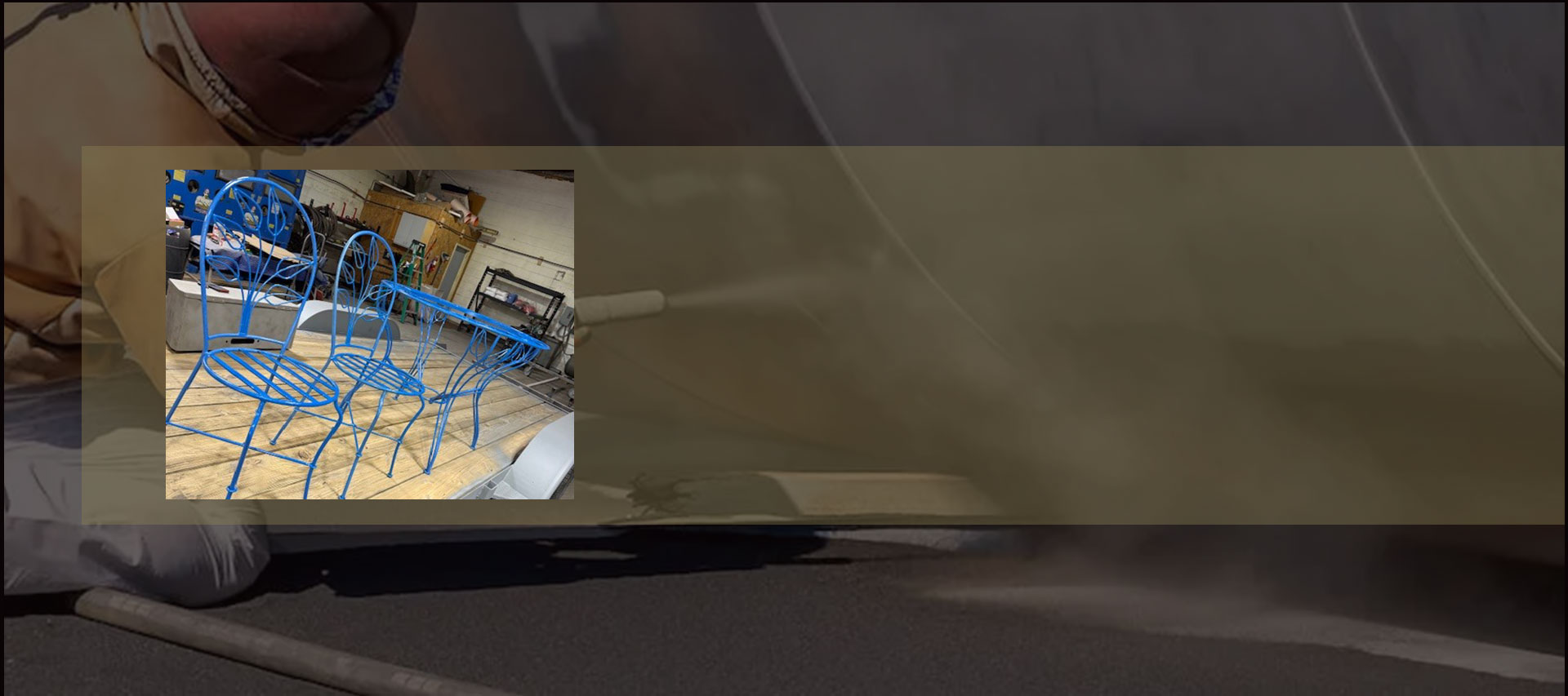 Photo of work done overlaying a picture of a man sand blasting